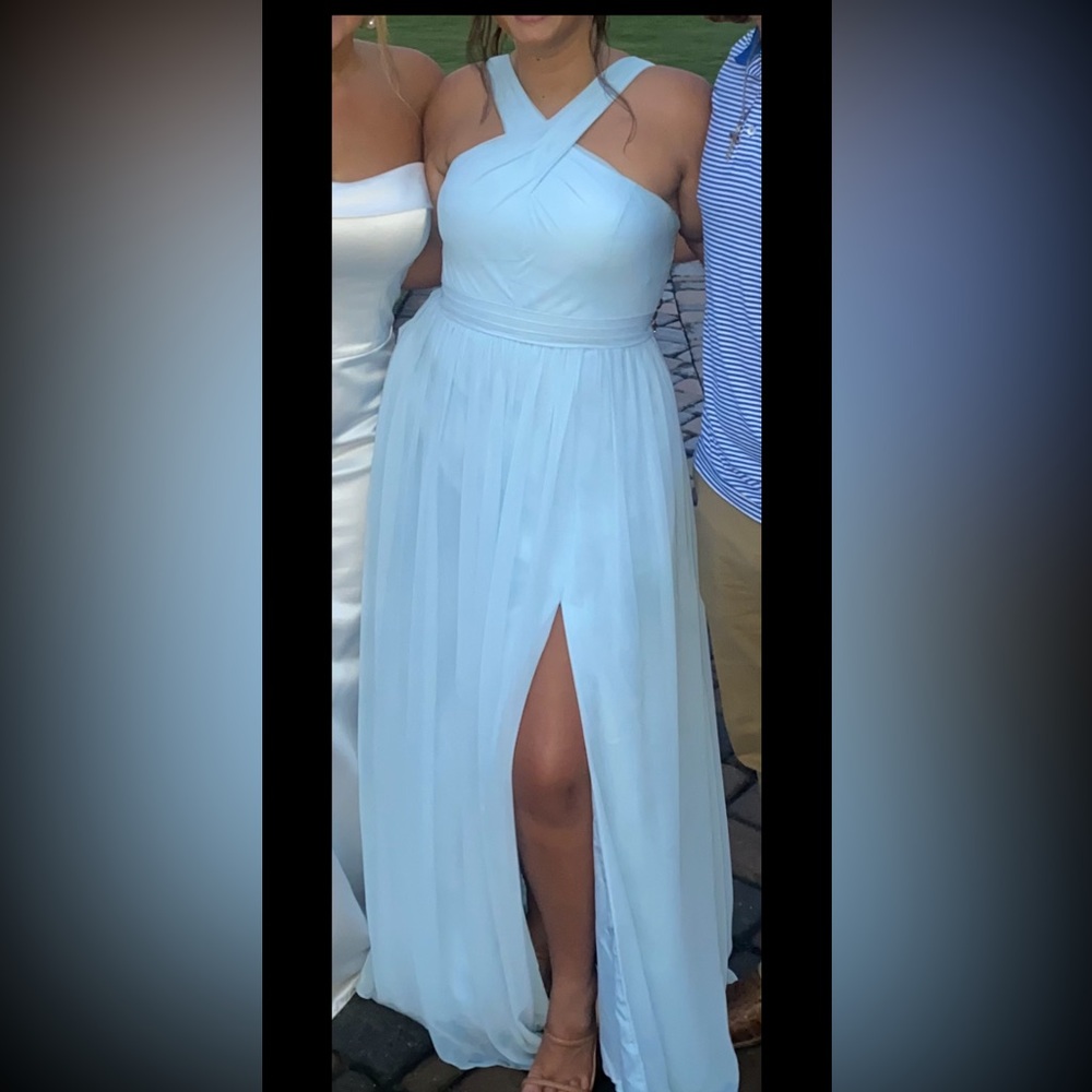 Azazie Sky Blue A-Line High cross neck Bridesmaids dress